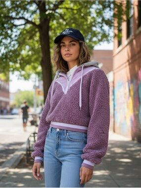 NWT For Love & Lemons Cozy Crop Sherpa Teddy Pullover Hoodie Sweater Size XS